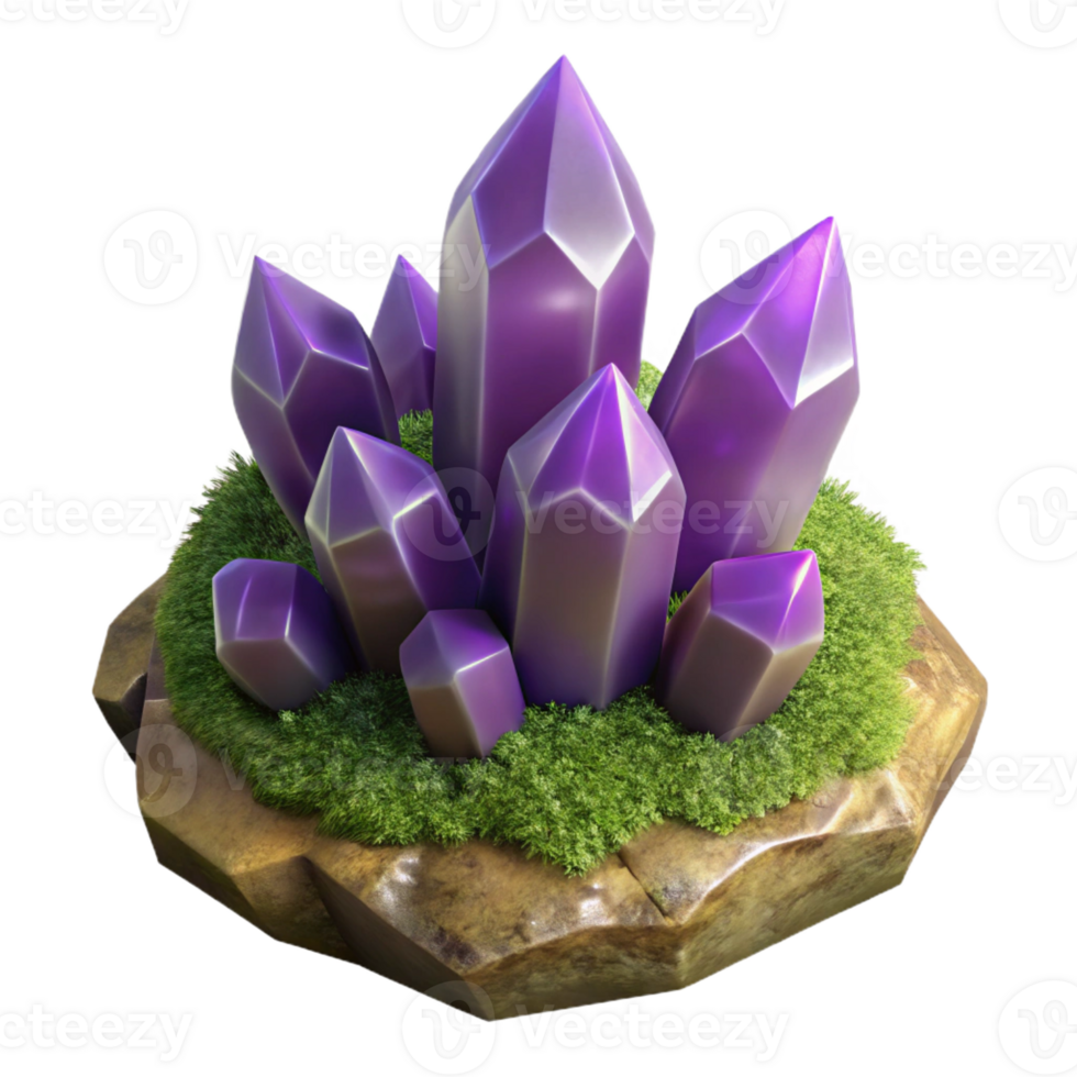 magnificent classic A cluster of amethyst crystals growing on a moss-covered rock, hyperrealistic style, soft diffused lighting original png