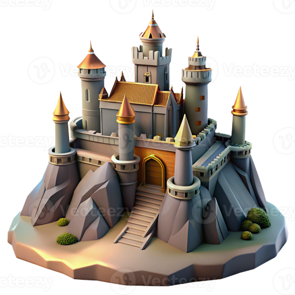 vibrant traditional A medieval castle perched on a mountaintop, fortified walls, dramatic lighting, fantasy setting premium png