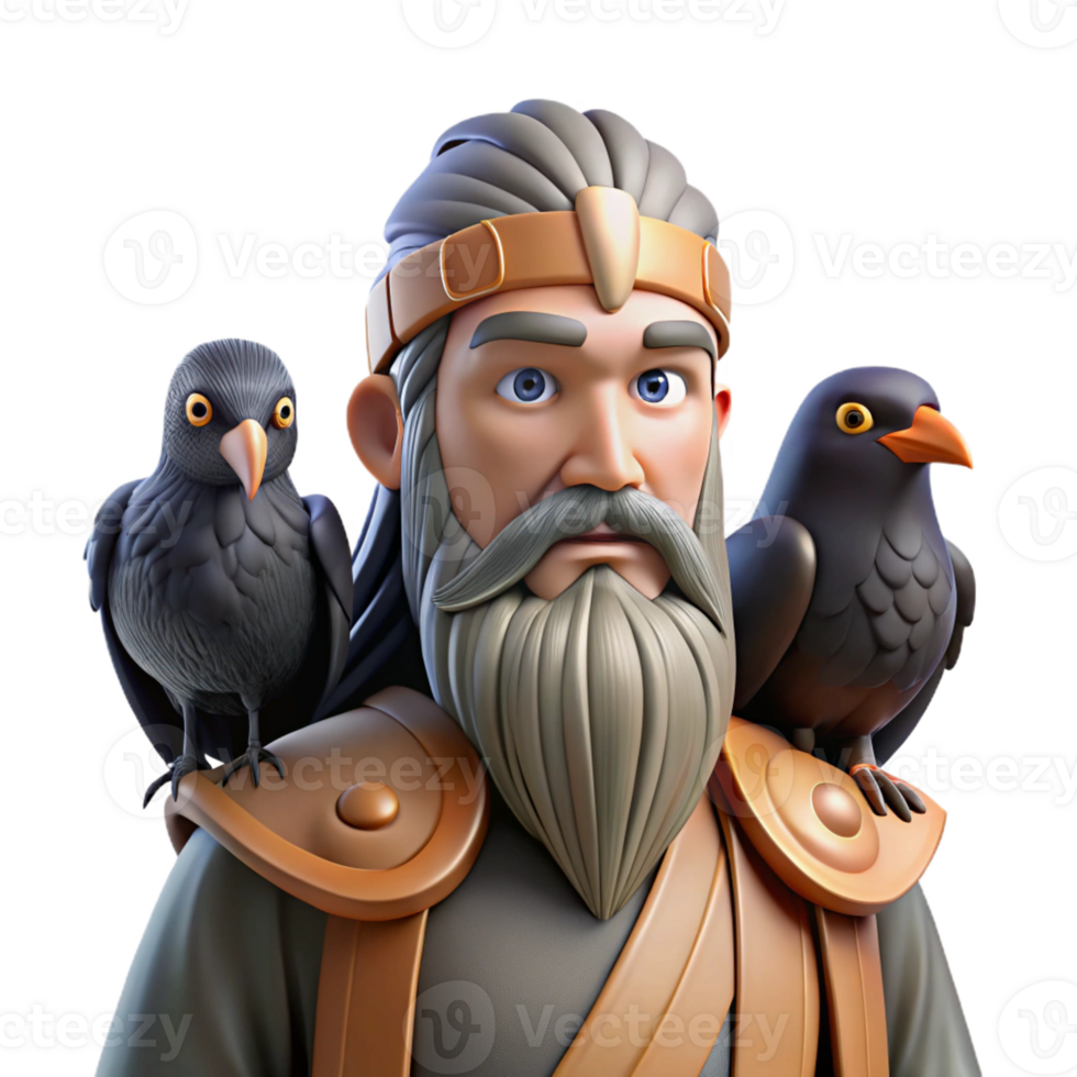 serene rustic Odin with his ravens Huginn and Muninn, wise and stoic, Viking art style genuine png