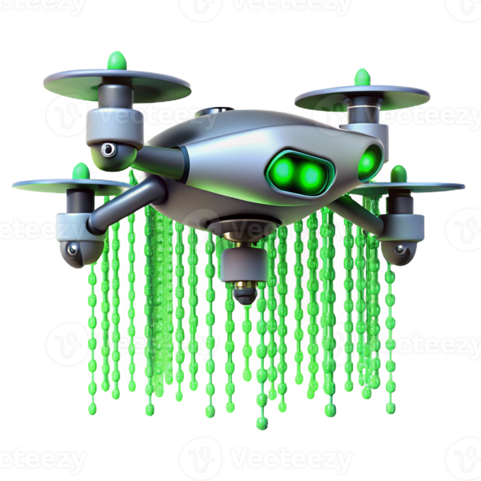 extraordinary contemporary A solitary drone hovering against a backdrop of binary code raining down, cyberpunk aesthetic, neon green lighting professional png