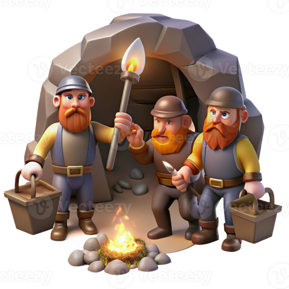 beautiful minimalist A group of dwarves mining for gems in a dimly lit cavern, flickering torchlight, realistic style genuine png