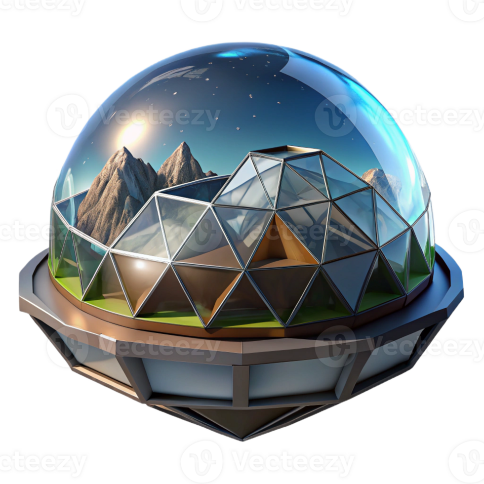 stunning minimalist Floating geodesic dome, transparent panels, panoramic mountain view, futuristic, premium png