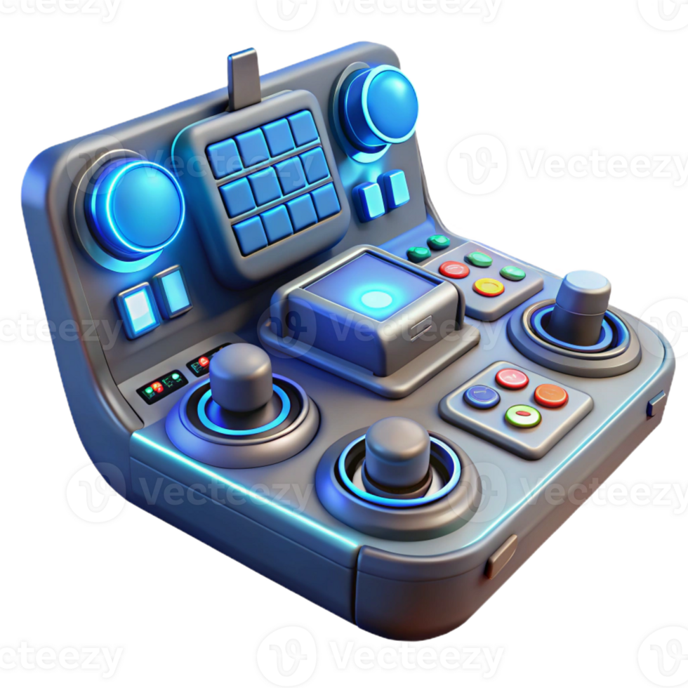 vibrant minimalist A futuristic control panel with glowing buttons and displays, complex and intricate design, lit by a soft, blue light premium png