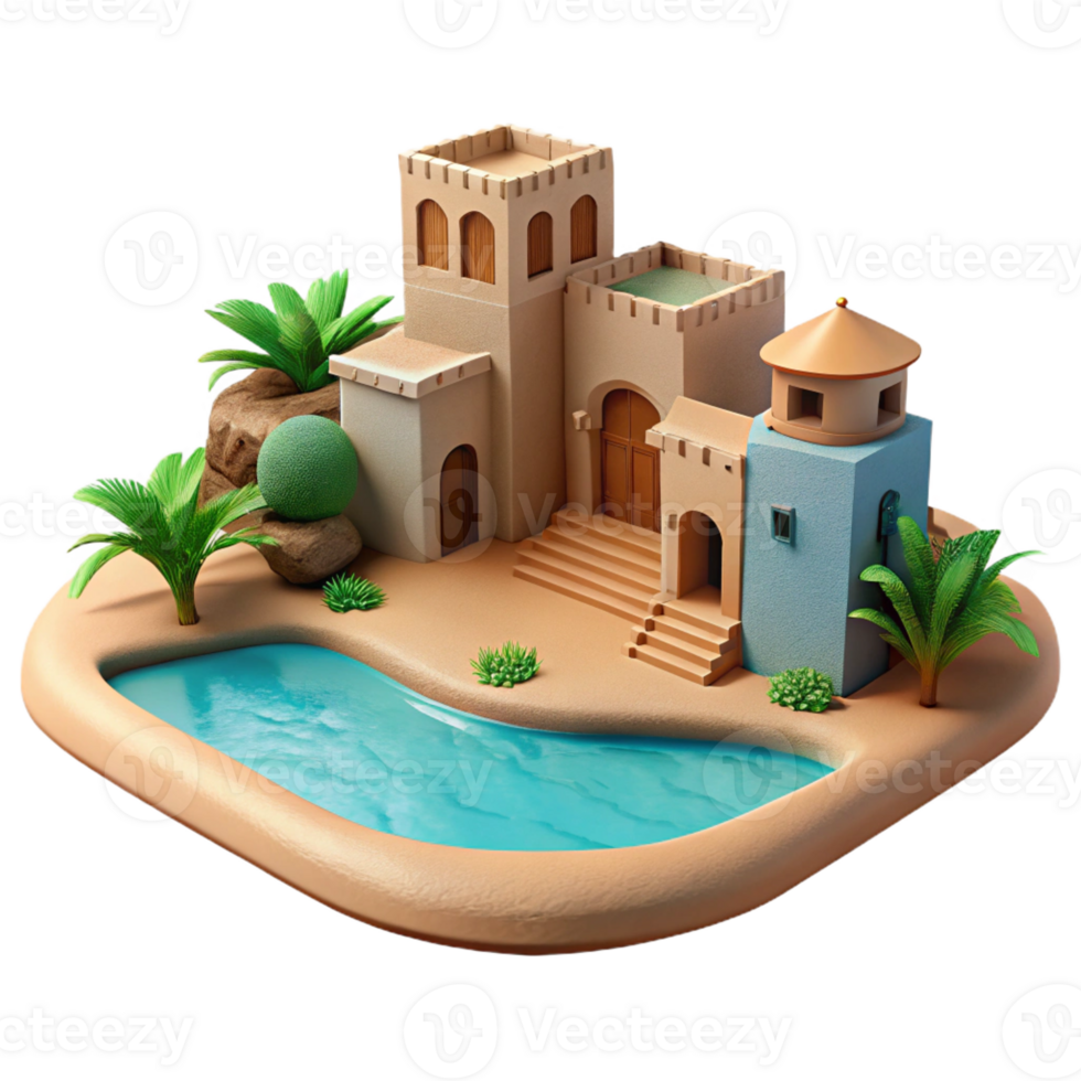 vibrant artistic A desert oasis, adobe buildings, shimmering heat haze, vibrant turquoise water, peaceful, serene style high quality png