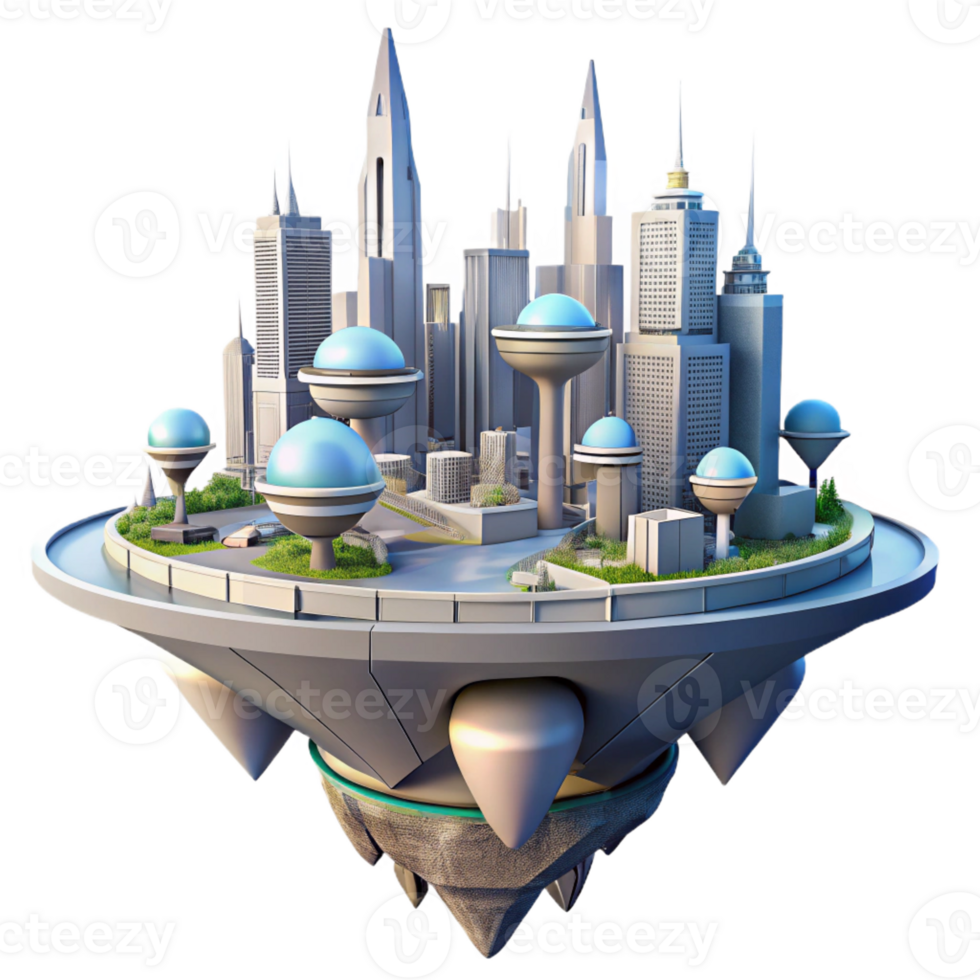 serene artistic A floating city with interconnected platforms, futuristic architecture, bright sunlight, utopian setting high resolution png