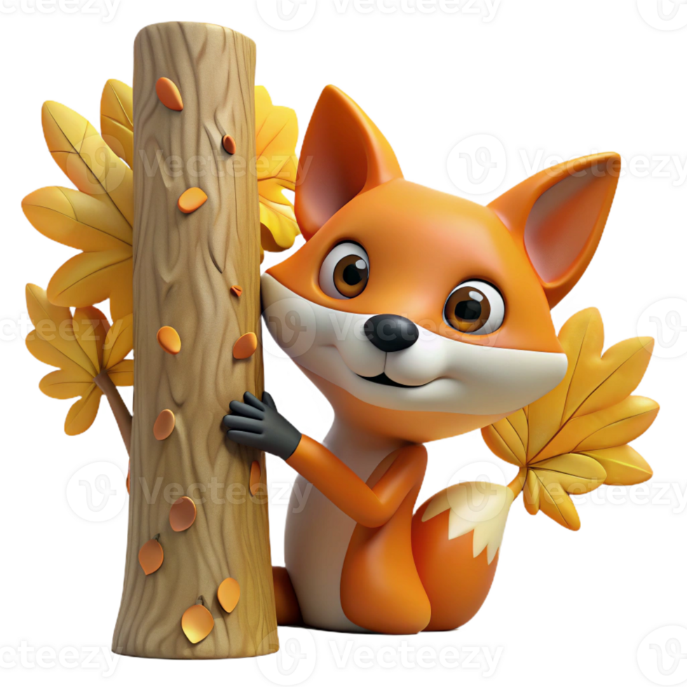 impressive rustic A curious fox peering out from behind a tree, autumnal colors, vintage style, genuine png