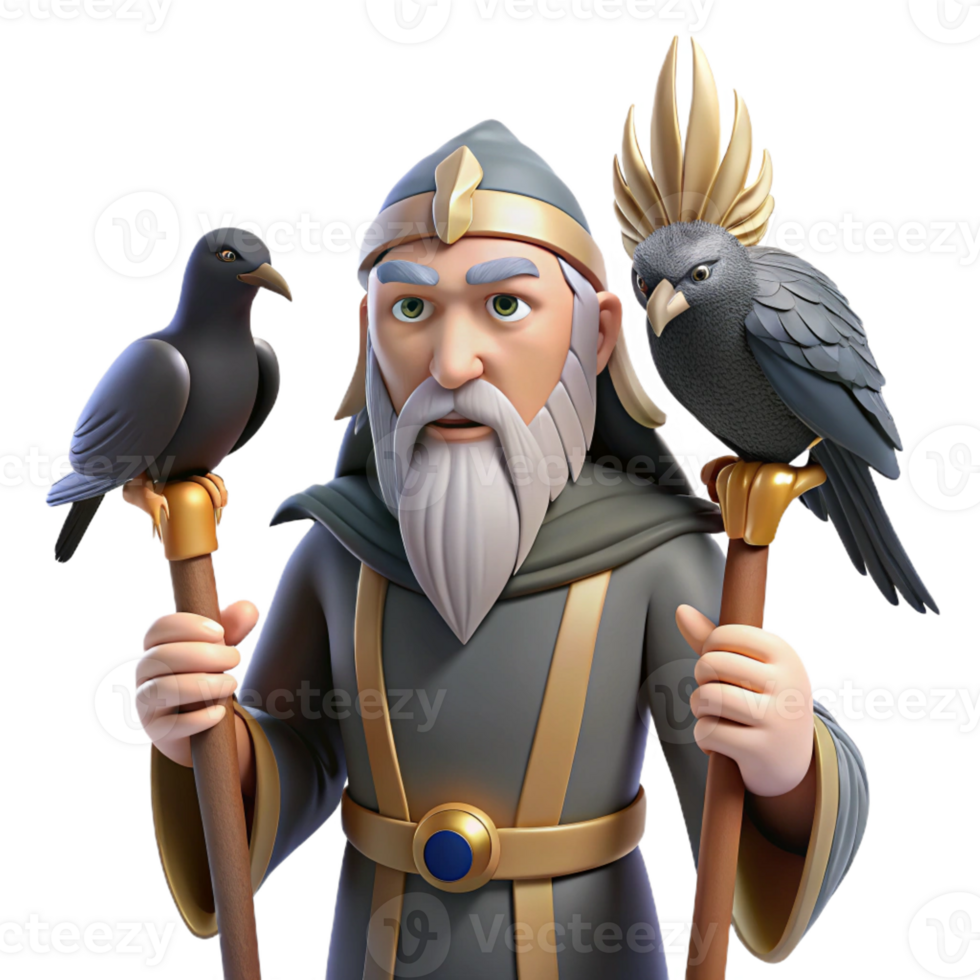 vibrant modern Odin with his ravens Huginn and Muninn, wise and stoic, Viking art style high resolution png