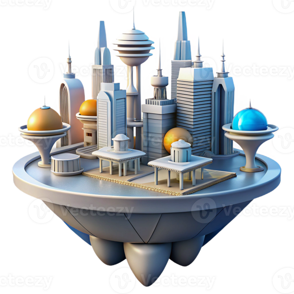 dramatic minimalist A floating city with interconnected platforms, futuristic architecture, bright sunlight, utopian setting original png