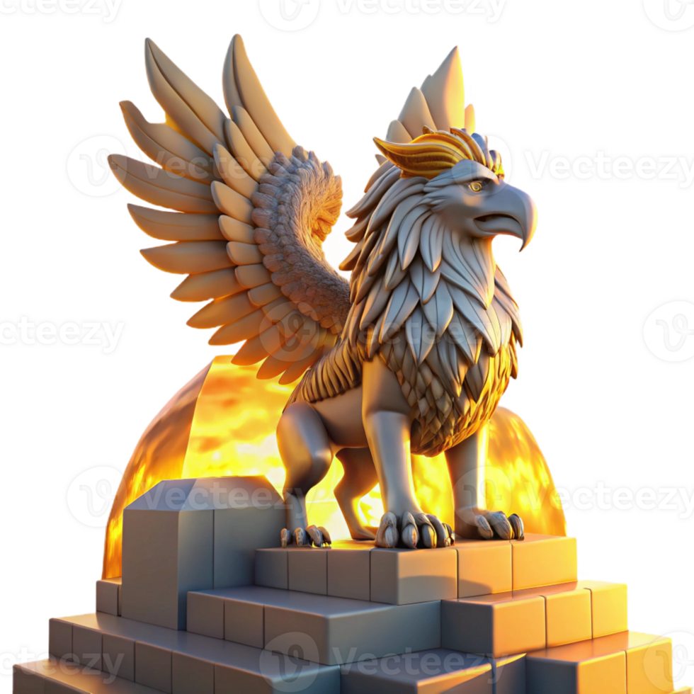 magnificent artistic A majestic griffin with iridescent feathers perched atop a crumbling ziggurat bathed in the golden light of a setting sun, Art Deco style high resolution png