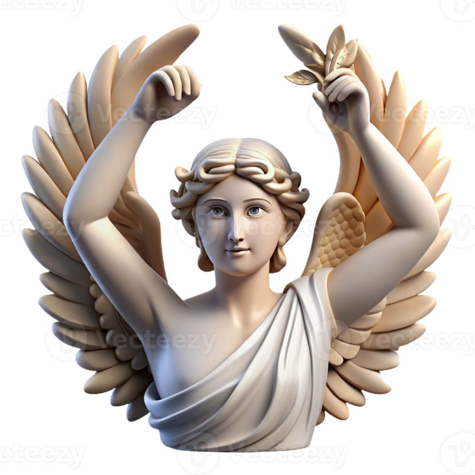 serene traditional A winged Nike holding a laurel wreath, triumphant pose, classical Greek sculpture style, soft natural light high quality png