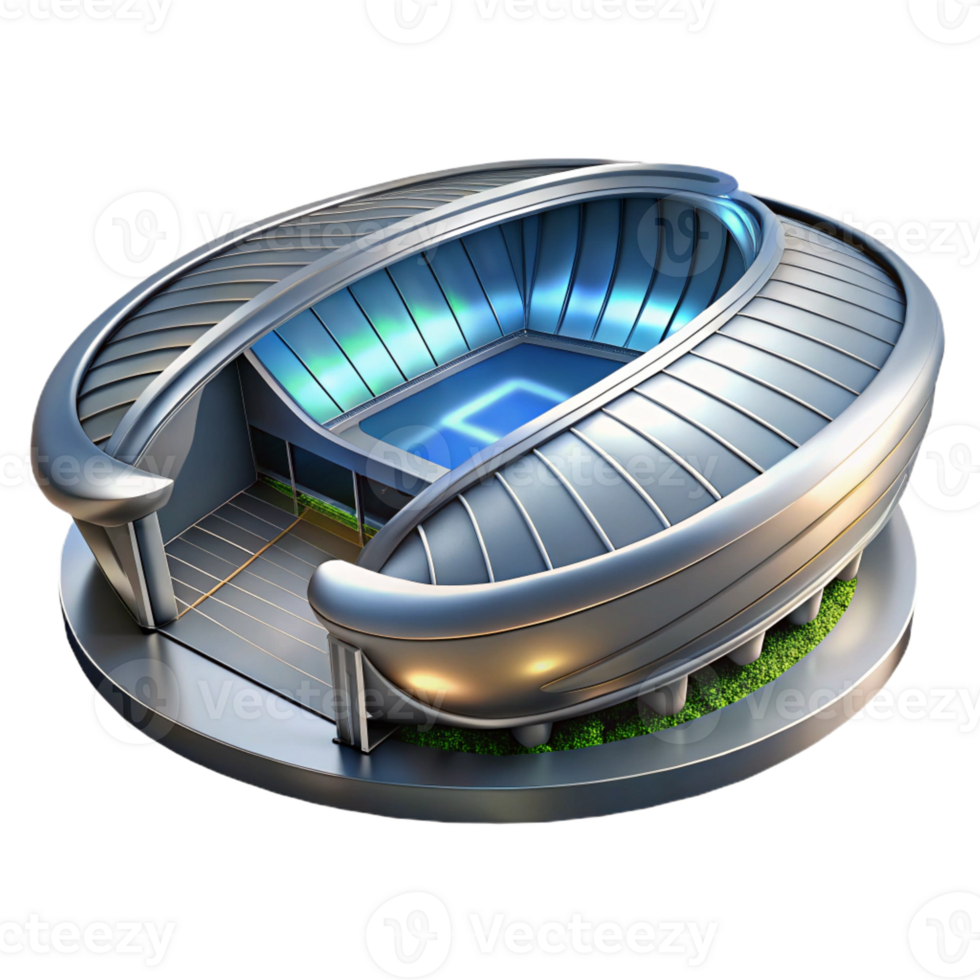 impressive artistic A futuristic sports stadium, sleek metallic curves, dynamic lighting, high-tech style exclusive png