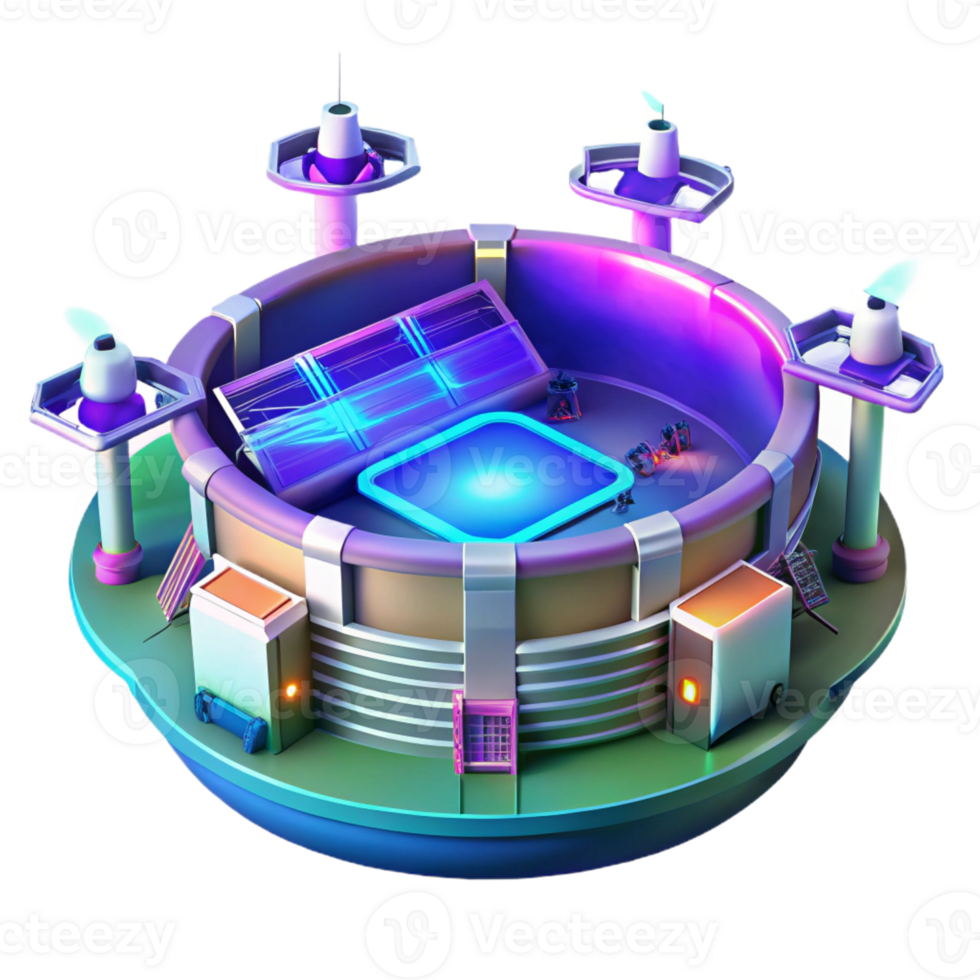 vibrant modern A futuristic sports stadium with holographic displays and flying drones, vibrant neon colors, cyberpunk style, dynamic perspective, detailed png