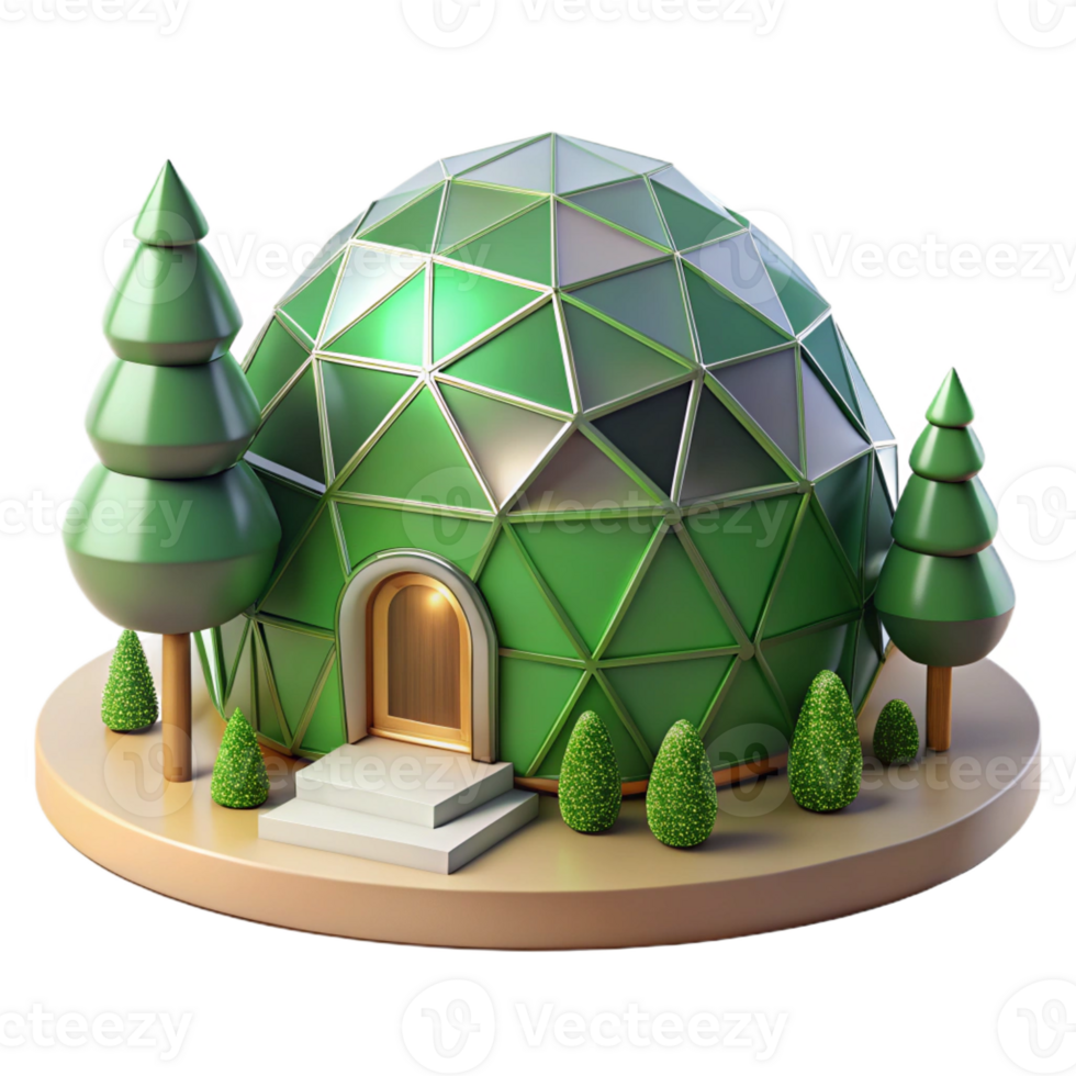 beautiful modern A geodesic dome house nestled in a forest, soft green light filtering through the trees, eco-futurism style, original png