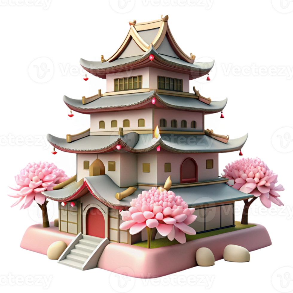 elegant artistic A traditional Japanese castle, cherry blossoms in the foreground, soft pink and white hues, ukiyo-e style, 4K png