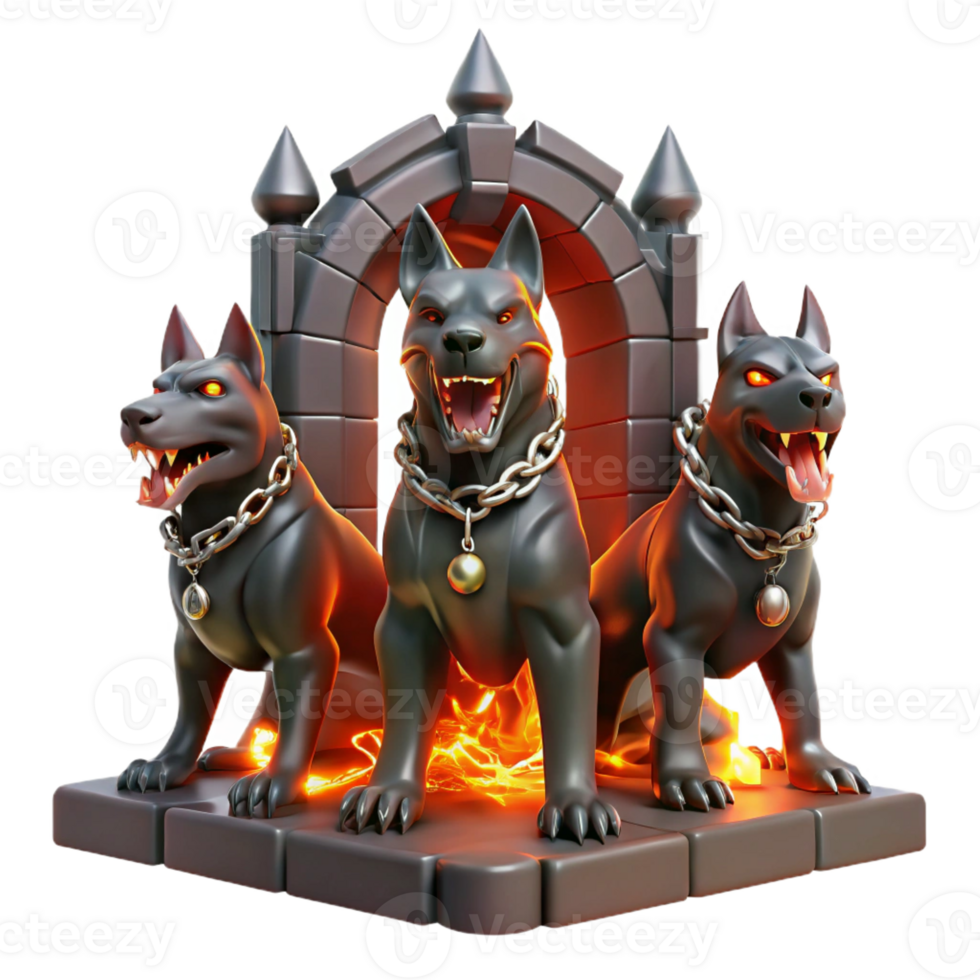 extraordinary artistic A three-headed Cerberus guarding the gates of the underworld, bathed in the flickering light of hellfire, chains made of glowing embers, grim and dark fantasy style exclusive png