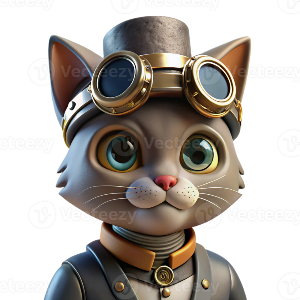 beautiful minimalist A portrait of a steampunk cat wearing goggles and a tiny top hat, intricate gears and pipes adorning its collar, lit by a single spotlight high resolution png