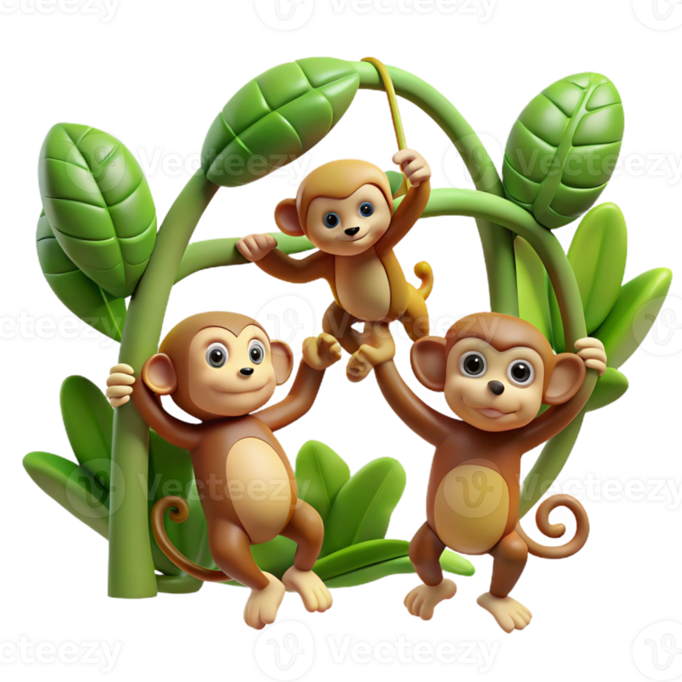 dramatic abstract A group of playful monkeys swinging through the branches of a lush rainforest, illuminated by dappled sunlight, in a vibrant cartoon style high quality png