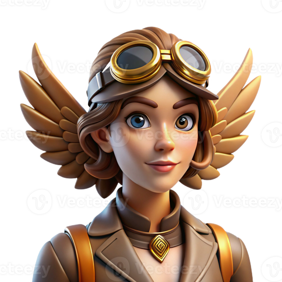 wonderful classic A portrait of a steampunk woman with intricate clockwork wings, wearing goggles and a leather aviator cap, illuminated by warm, amber light original png
