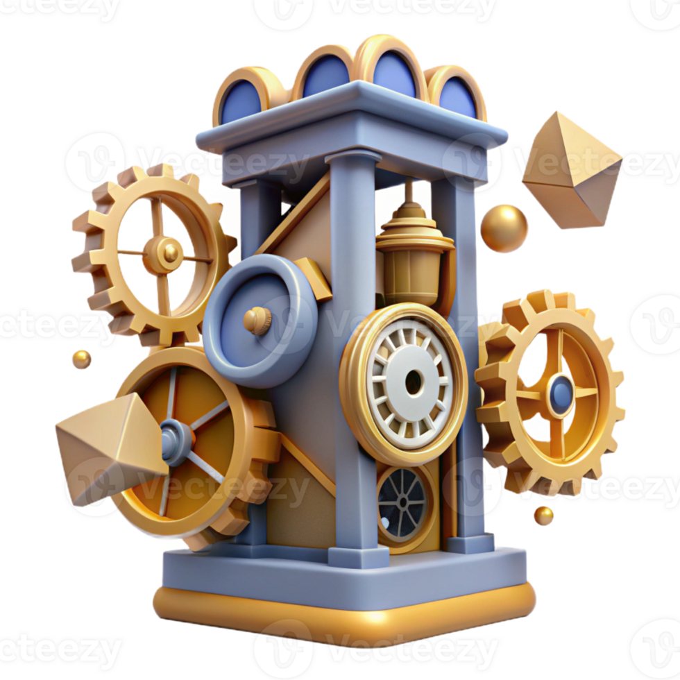 stunning creative Deconstructed clock tower, fragmented gears and dials, surreal, authentic png