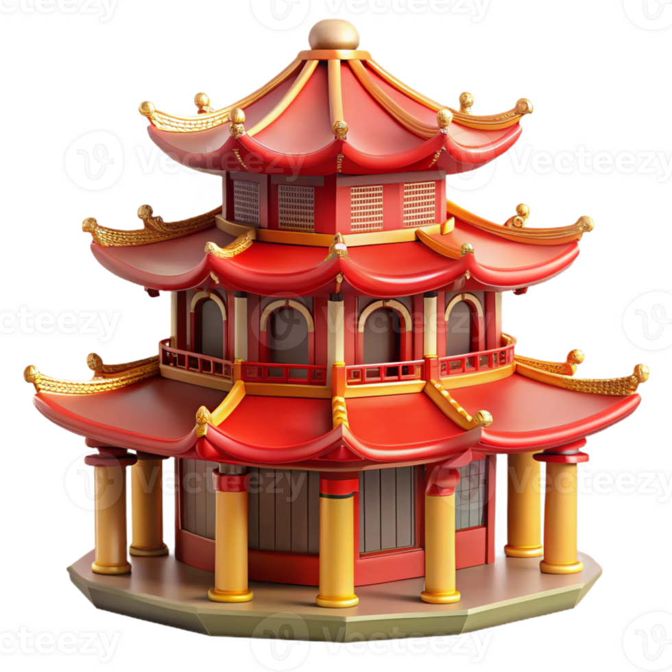 vibrant abstract A traditional Chinese pagoda, red and gold details, intricate carvings, soft morning light, peaceful atmosphere exclusive png