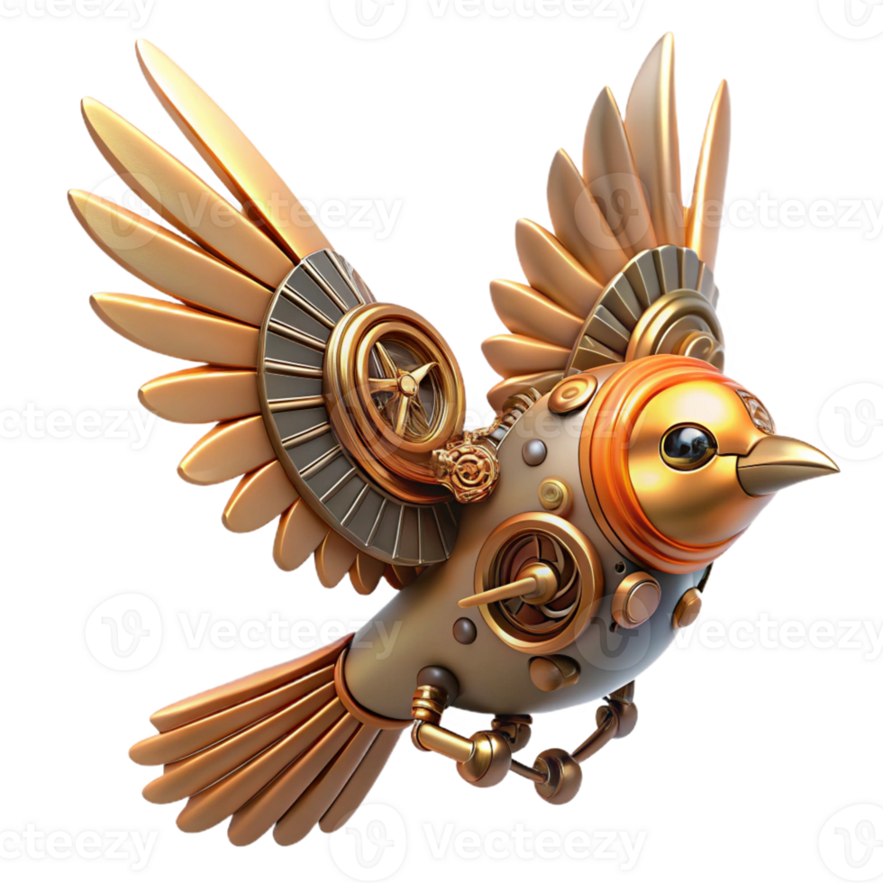 extraordinary rustic A steampunk-inspired mechanical bird in flight, detailed gears and cogs visible, vintage style, warm lighting exclusive png