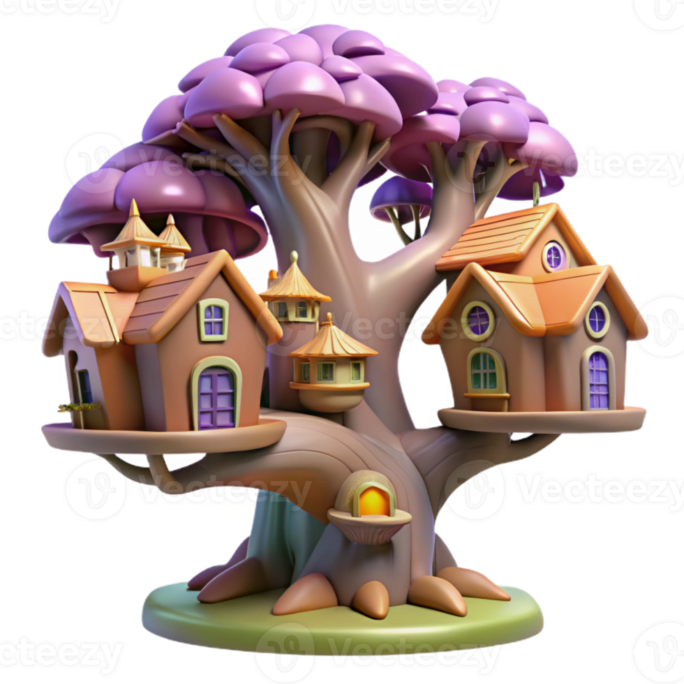 impressive abstract A giant tree with houses built into its branches, whimsical and magical, fantasy art, premium png