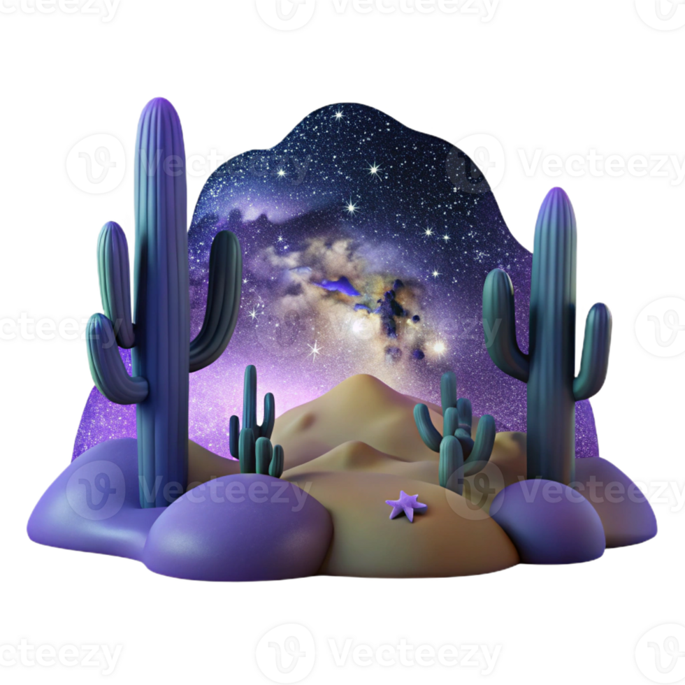 stunning classic A desert landscape at night, illuminated by the Milky Way, with cacti silhouetted against the starry sky, in a surreal, dreamlike style 4K png