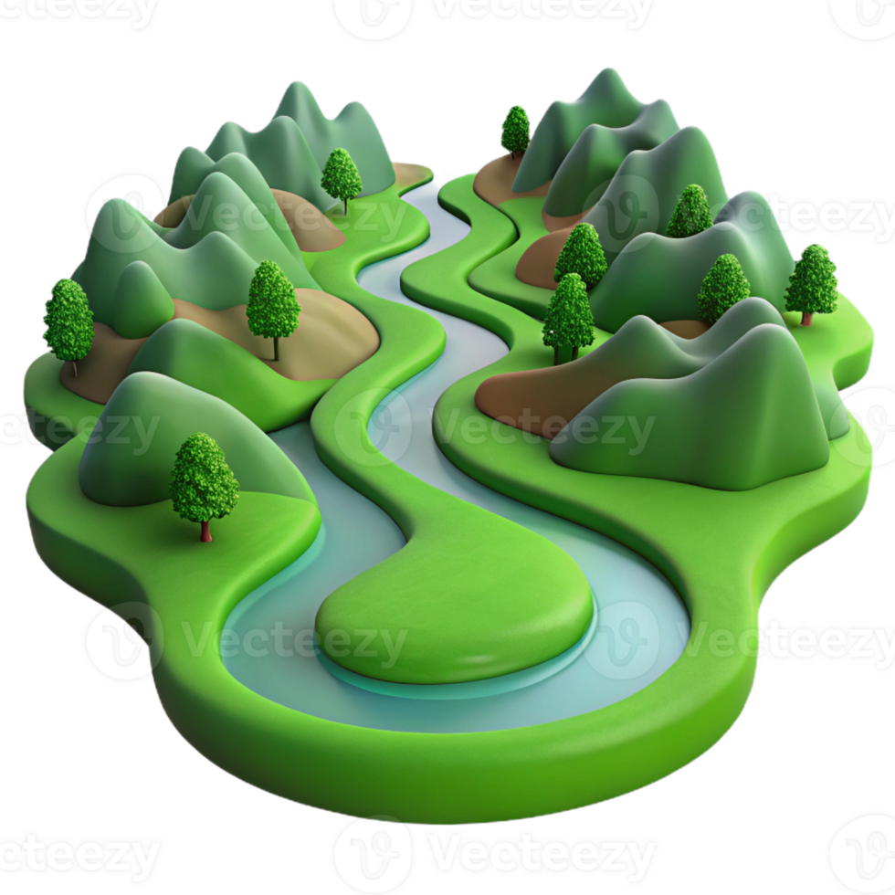 stunning contemporary A winding river flowing through a lush green valley, seen from a high vantage point, in a panoramic, landscape style original png