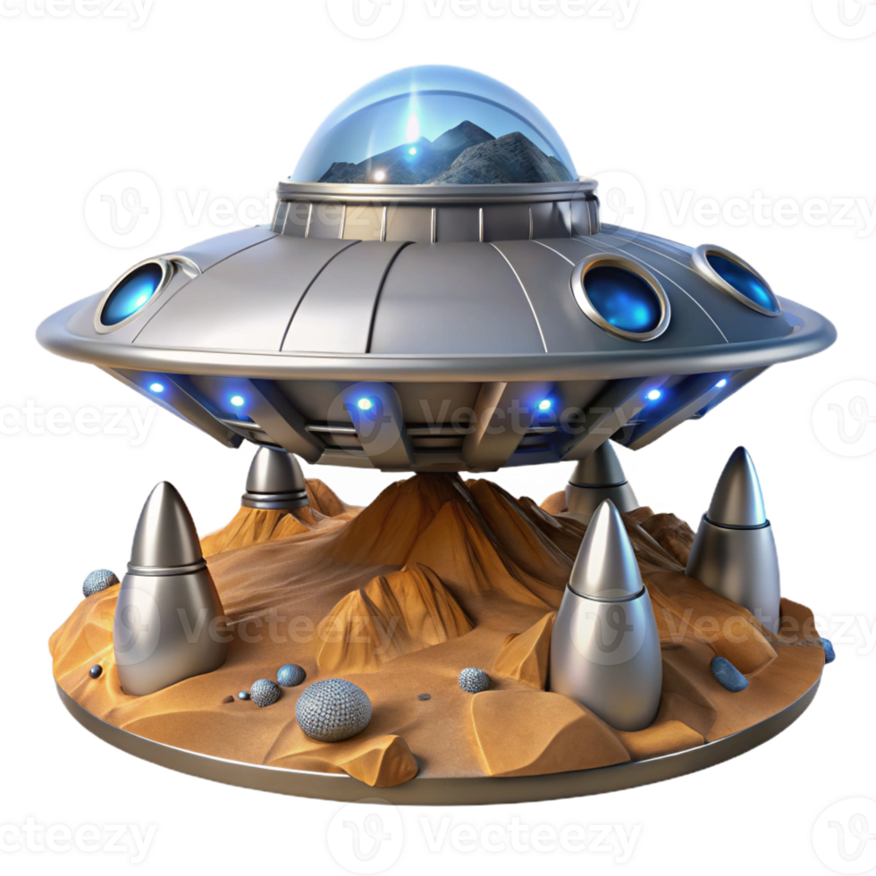 impressive contemporary A futuristic spaceship landing on a desolate alien planet, sleek and metallic design, illuminated by the ship's engines and the alien landscape authentic png