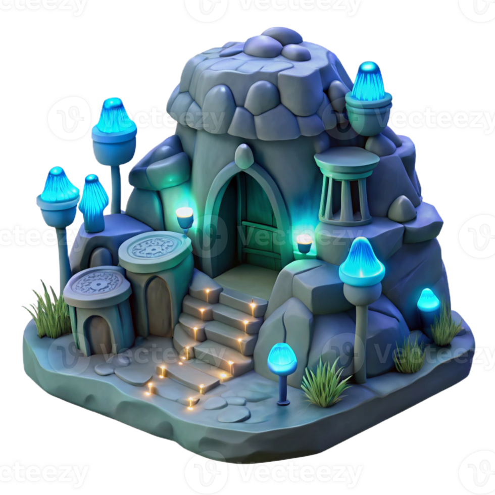 stunning classic A subterranean dwelling carved into rock, bioluminescent fungi lighting, fantasy style, highly detailed, mysterious atmosphere high resolution png