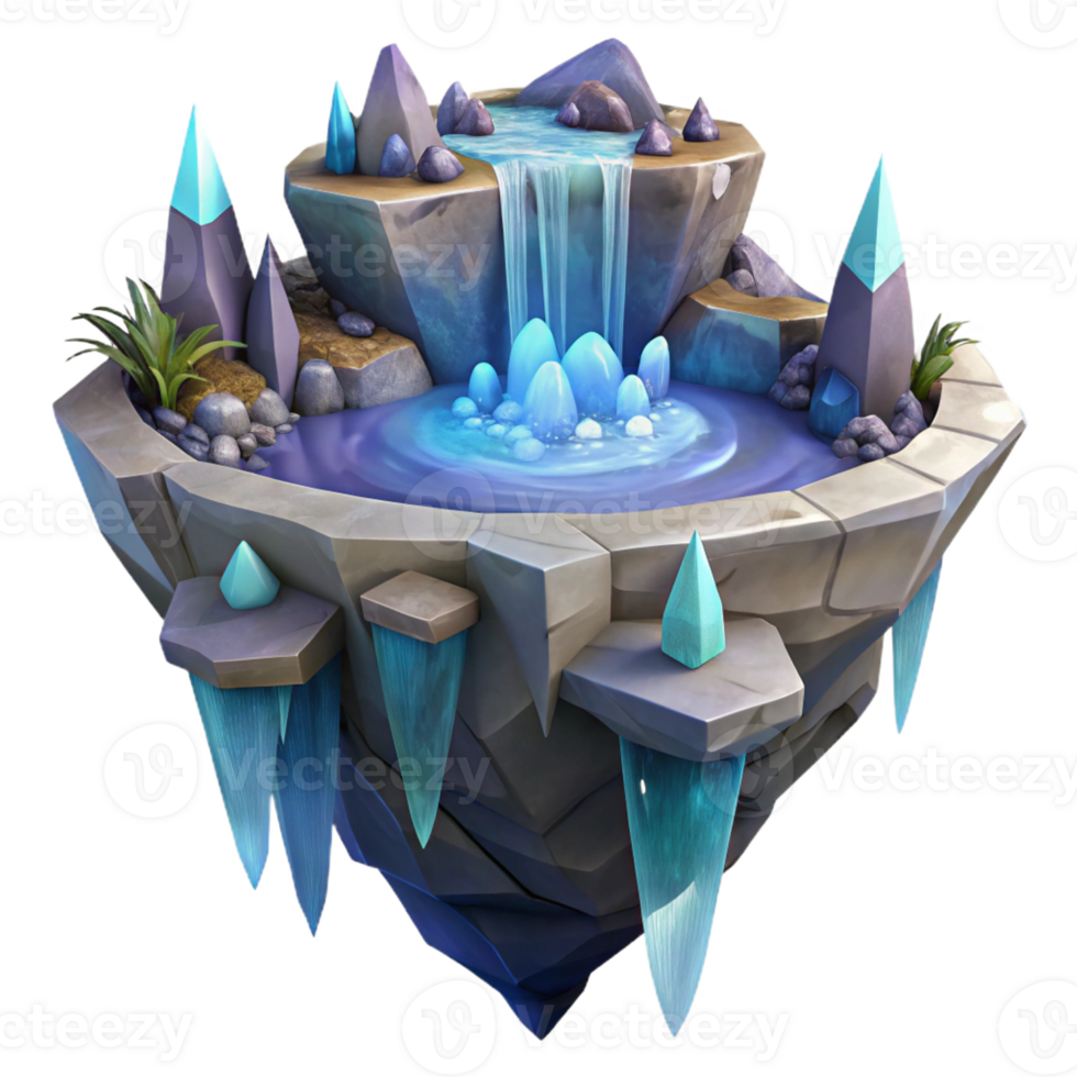 dramatic minimalist A floating island with cascading waterfalls and crystal structures, ethereal lighting, fantasy art style, highly detailed detailed png