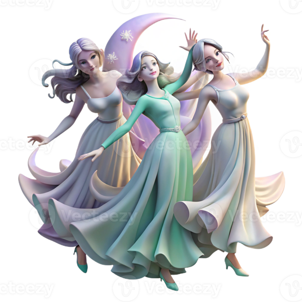 magnificent traditional A group of nymphs dancing in a moonlit meadow, flowing gowns, ethereal and dreamlike, Art Nouveau style authentic png