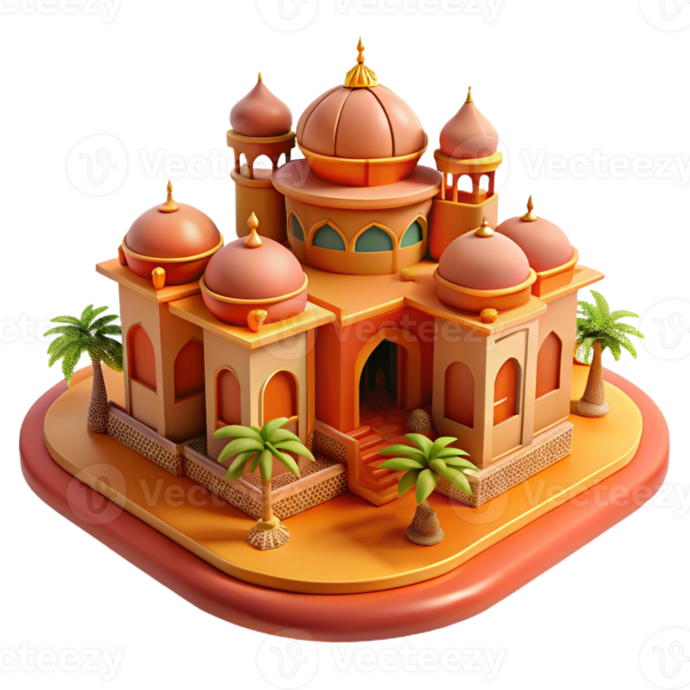 vibrant traditional A desert oasis with a Moorish palace, intricate tilework, warm orange and red hues, orientalist style, high quality png