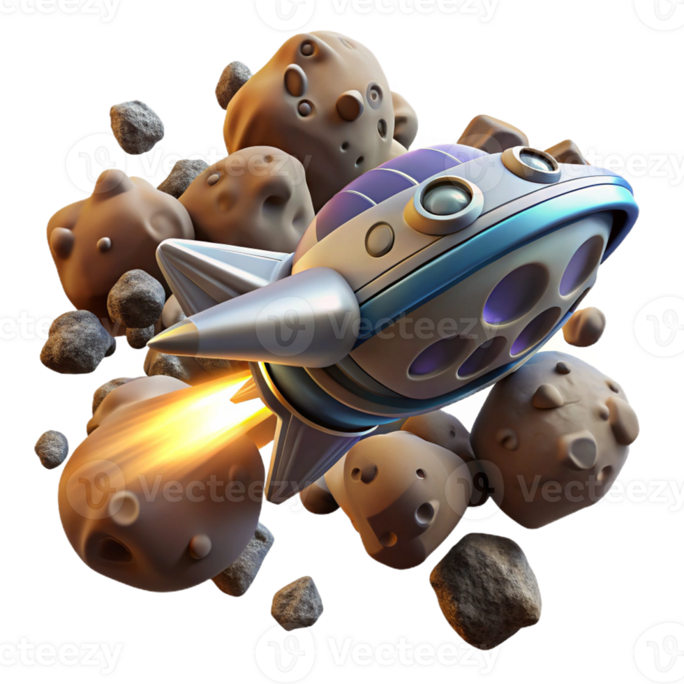 extraordinary modern A spaceship flying through an asteroid field, dangerous and exciting, dynamic lighting detailed png