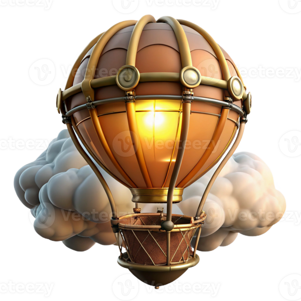serene artistic A steampunk hot air balloon soaring through the clouds, intricate basket and burner, illuminated by a bright, sunny sky authentic png