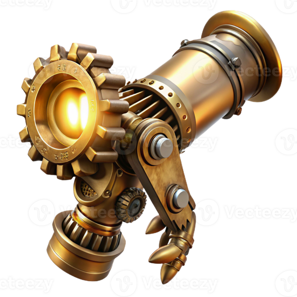extraordinary classic A steampunk prosthetic arm, crafted from polished brass and intricate gears, illuminated by a single spotlight. Dramatic lighting, cyberpunk style exclusive png