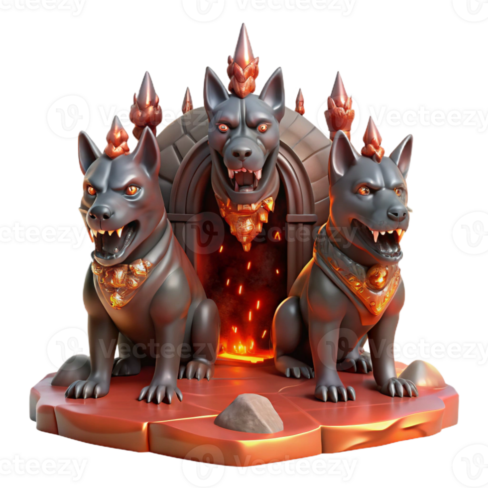 magnificent abstract A three-headed Cerberus guarding the gates of the underworld, bathed in the crimson glow of lava, illustrated in a dark fantasy art style genuine png