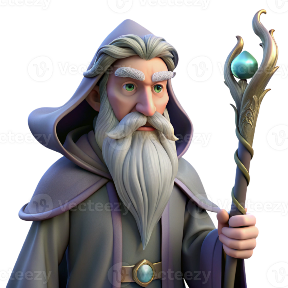 wonderful rustic Portrait of a wise old wizard with a long flowing beard, holding a magical staff, mystical lighting, fantasy art style 4K png