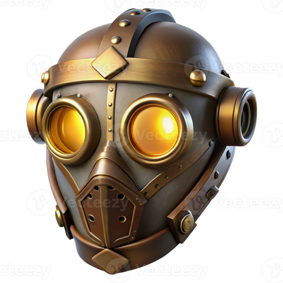 beautiful rustic A steampunk mask, crafted from brass and leather, with glowing lenses, illuminated by a flickering candlelight. Low-key lighting, Art Deco style exclusive png