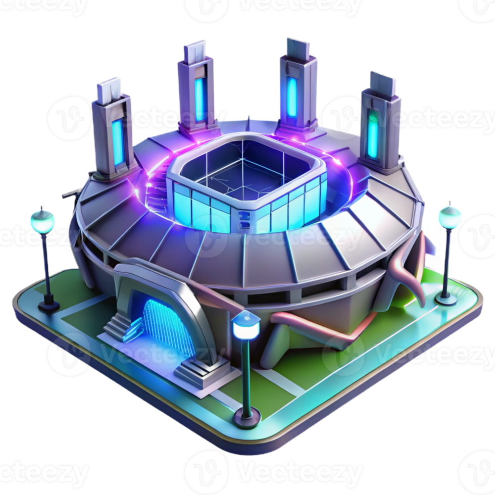 impressive rustic A futuristic, sleek sports stadium with holographic displays, night scene, neon lights, cyberpunk style, exclusive png