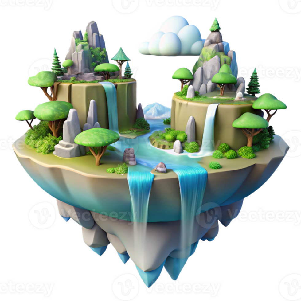 wonderful vintage A floating island city, waterfalls cascading down the sides, lush vegetation, fantastical, magical style high resolution png