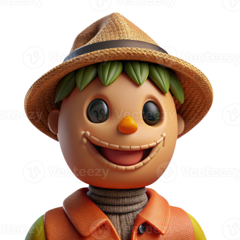magnificent traditional Portrait of a charming scarecrow with a stitched smile, warm autumnal lighting, whimsical folk art style, premium png