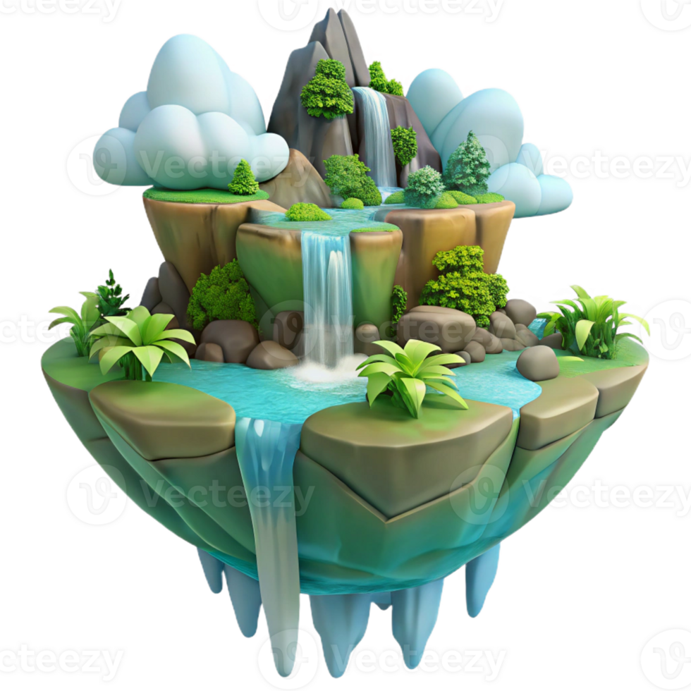 serene creative A floating island with waterfalls cascading down its sides, lush vegetation, fantasy style 4K png