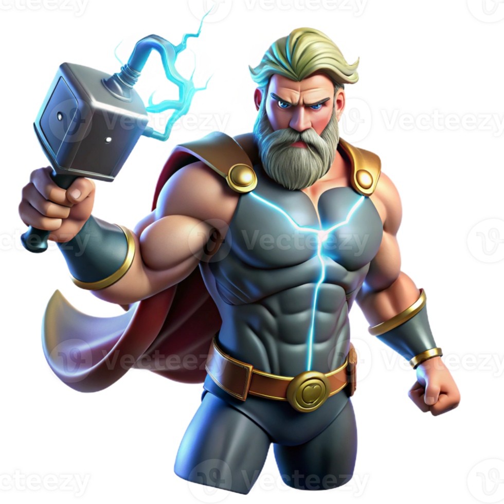 vibrant classic The Norse god Thor summoning lightning with Mjolnir, his hammer, muscles bulging with power, comic book style, dramatic lighting, high resolution png