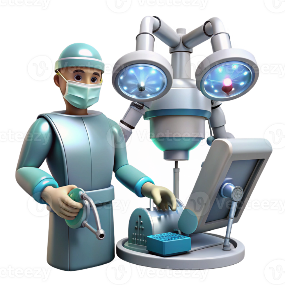 wonderful contemporary A robotic surgeon performing a complex operation, intricate instruments and holographic displays, lit by surgical lights premium png