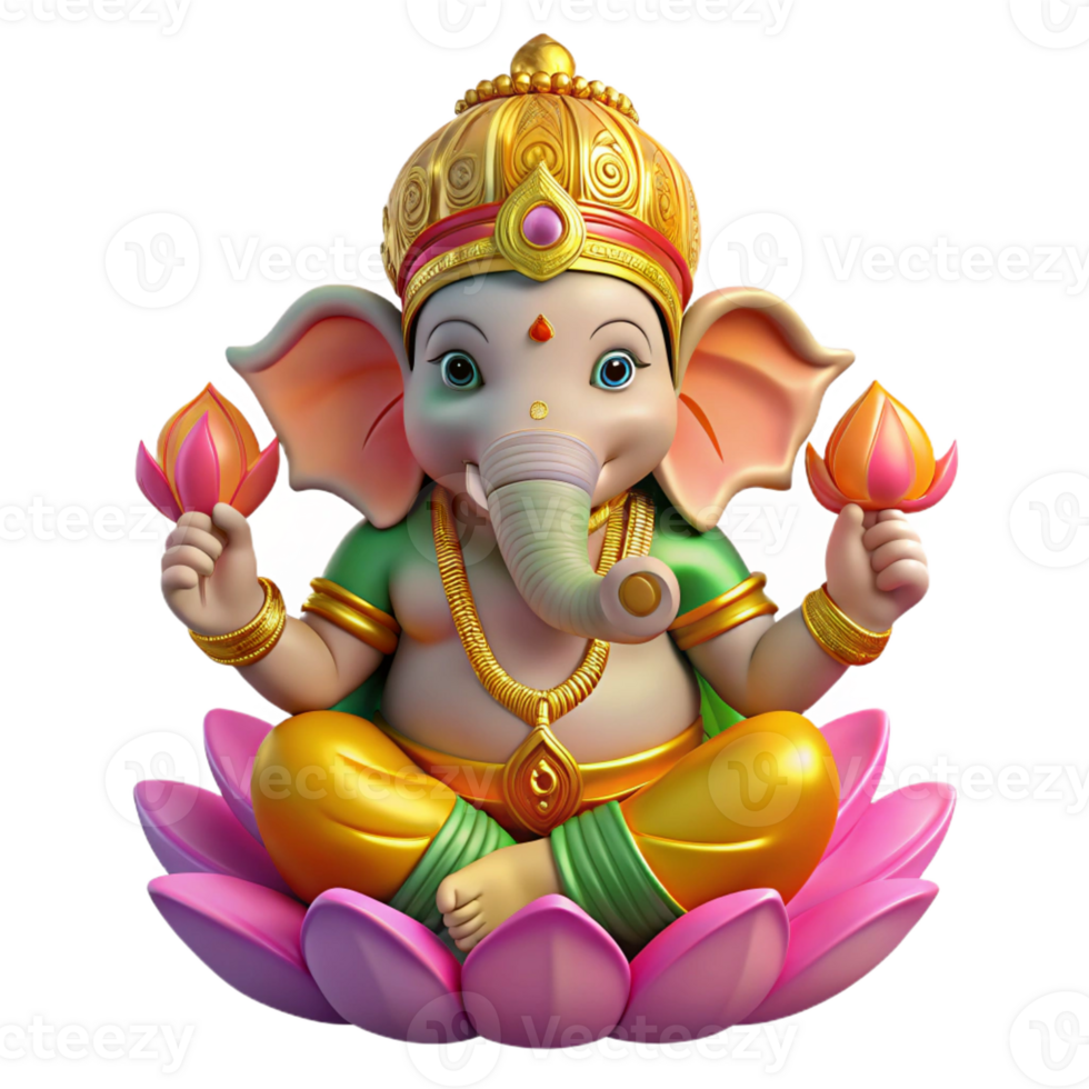 dramatic classic The Hindu god Ganesha, with an elephant head and vibrant colorful garments, seated on a lotus flower, intricate Indian miniature style original png