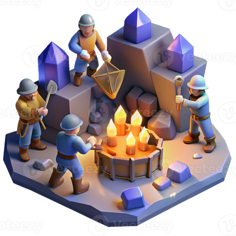 elegant traditional A group of dwarves mining for gems in a cavern lit by glowing crystals, warm lighting, isometric view original png