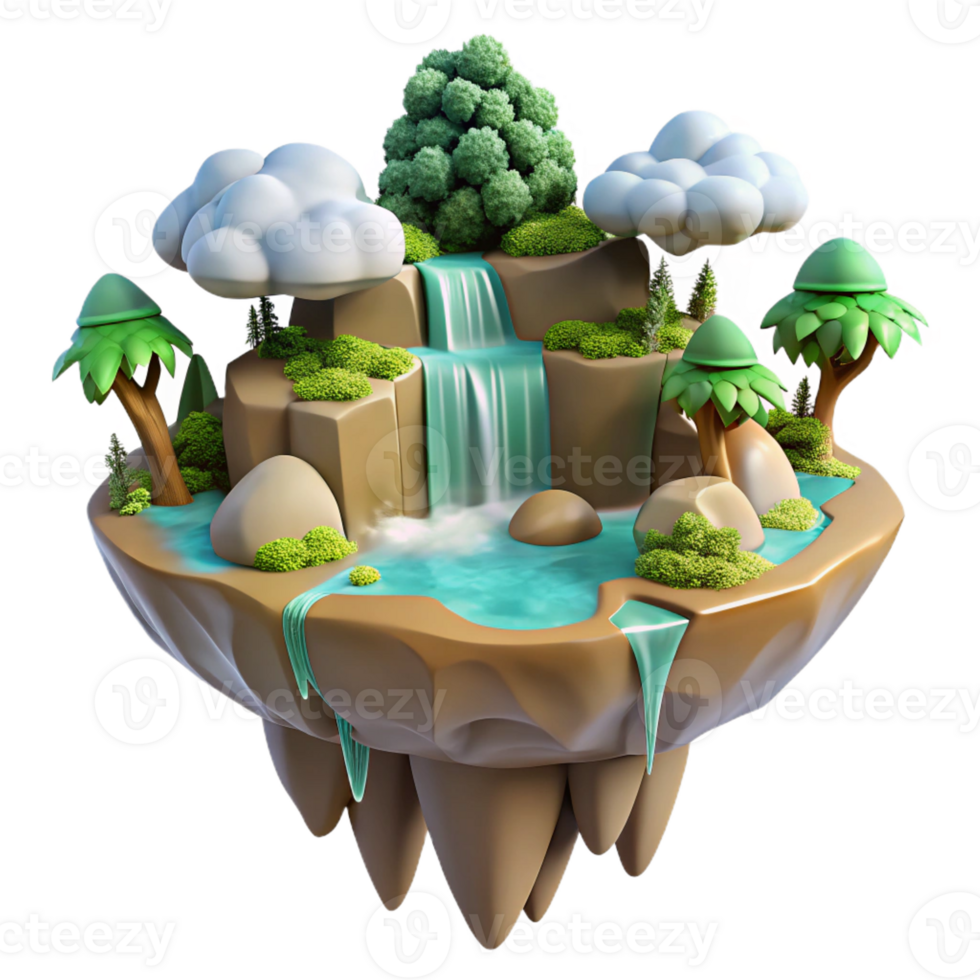 serene creative A floating island with waterfalls cascading down its sides, lush vegetation, fantasy style original png