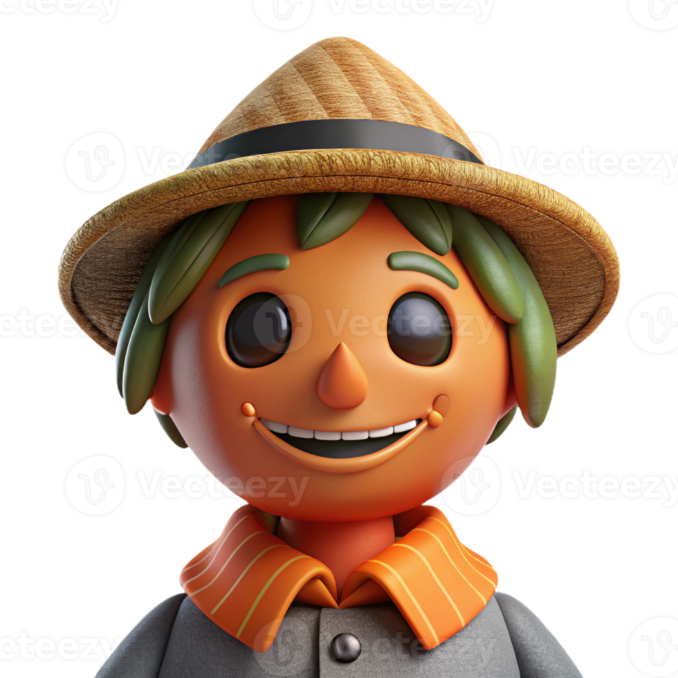 vibrant artistic Portrait of a charming scarecrow with a stitched smile, warm autumnal lighting, whimsical folk art style, high resolution png