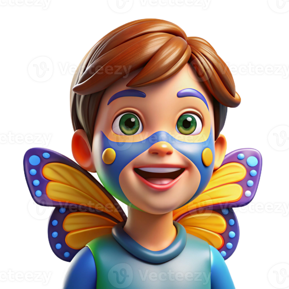 beautiful abstract A child with vibrant face paint depicting a butterfly, smiling mischievously, brightly lit studio lighting, pop art style high quality png